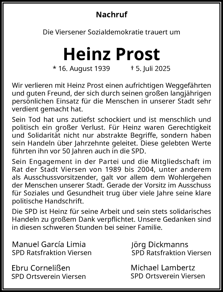  Traueranzeige für Heinz Prost vom 19.07.2025 aus Rheinische Post