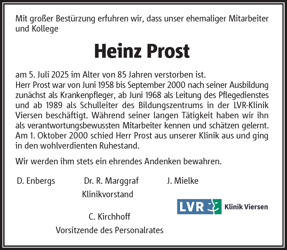  Traueranzeige für Heinz Prost vom 16.07.2025 aus Rheinische Post