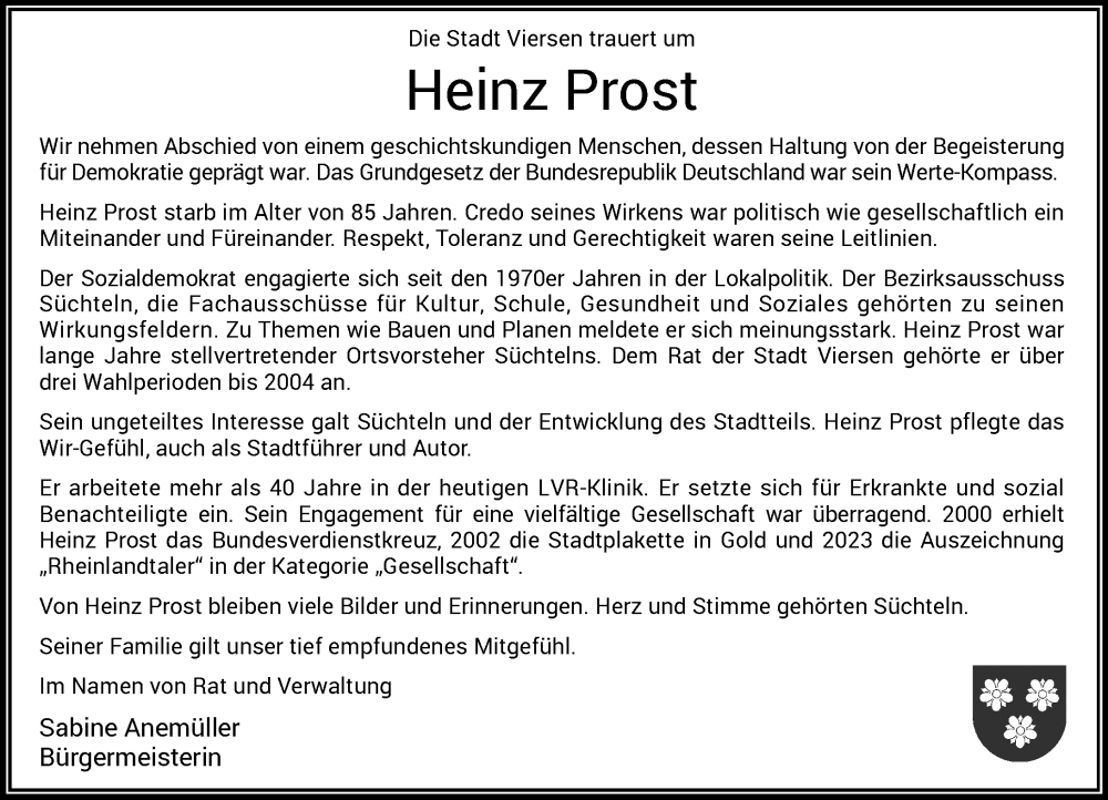  Traueranzeige für Heinz Prost vom 19.07.2025 aus Rheinische Post