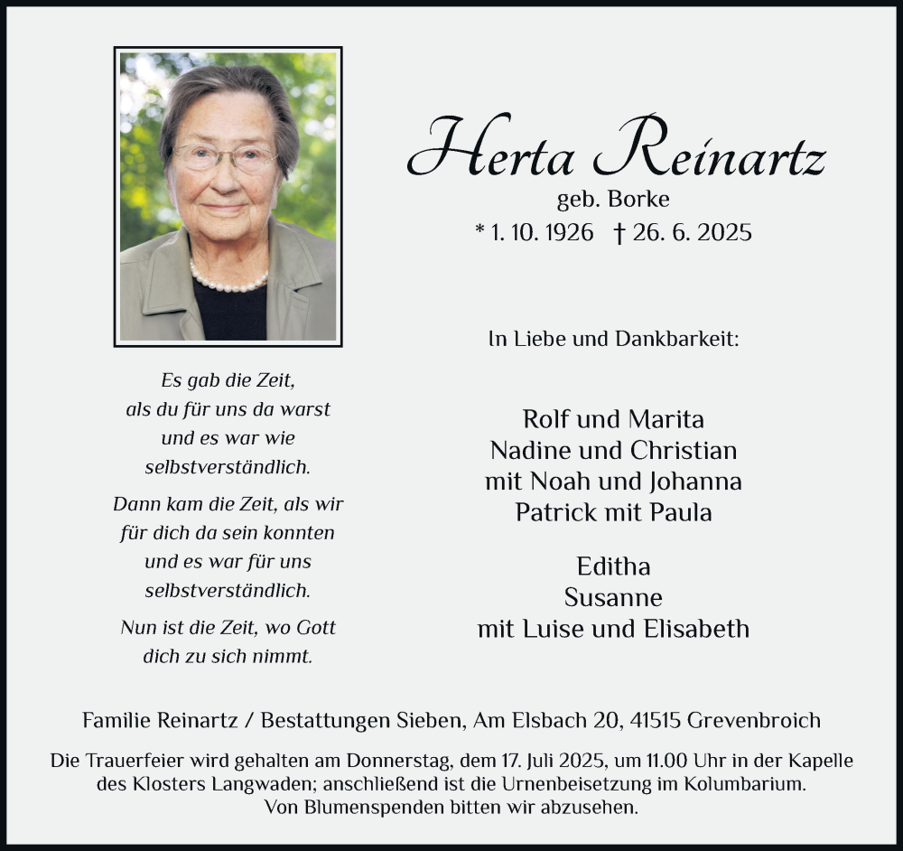  Traueranzeige für Herta Reinartz vom 05.07.2025 aus Rheinische Post
