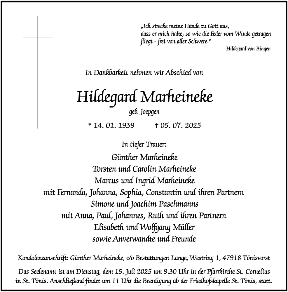 Traueranzeige für Hildegard Marheineke vom 12.07.2025 aus Rheinische Post