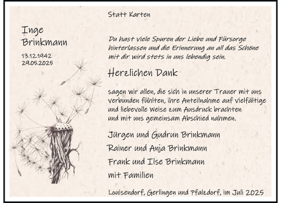 Traueranzeige von Inge Brinkmann von Rheinische Post