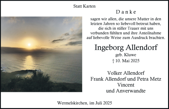 Traueranzeige von Ingeborg Allendorf von Rheinische Post