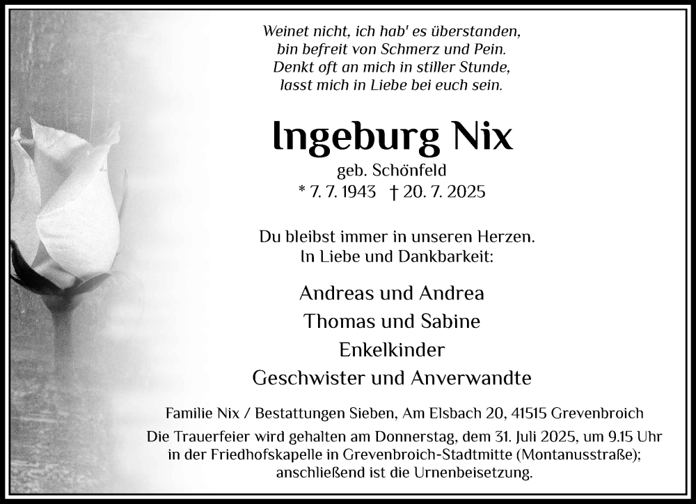  Traueranzeige für Ingeburg Nix vom 26.07.2025 aus Rheinische Post