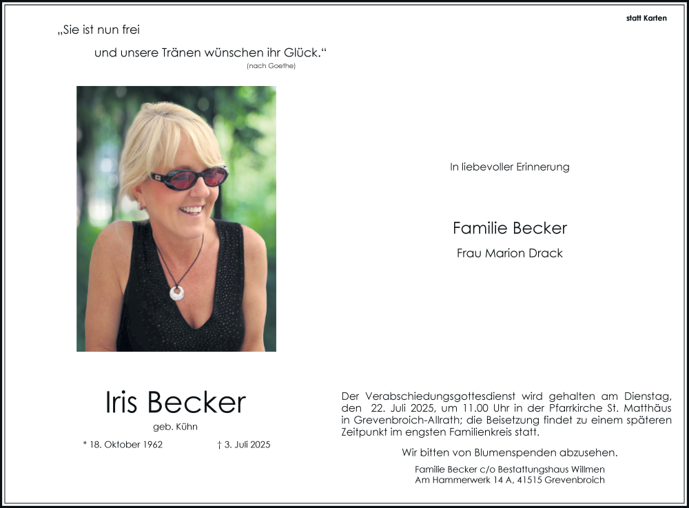  Traueranzeige für Iris Becker vom 12.07.2025 aus Rheinische Post