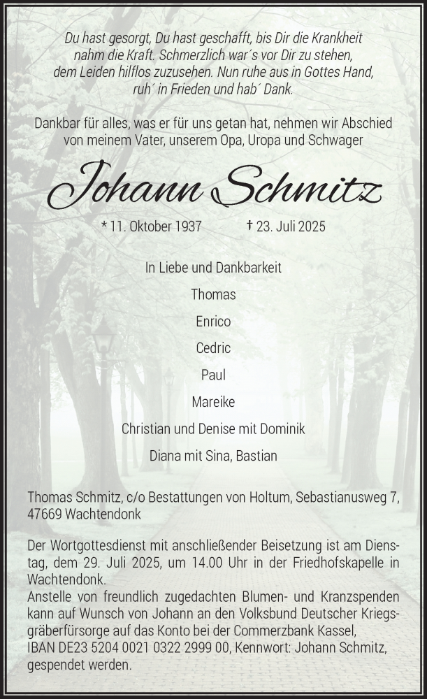  Traueranzeige für Johann Schmitz vom 28.07.2025 aus Rheinische Post
