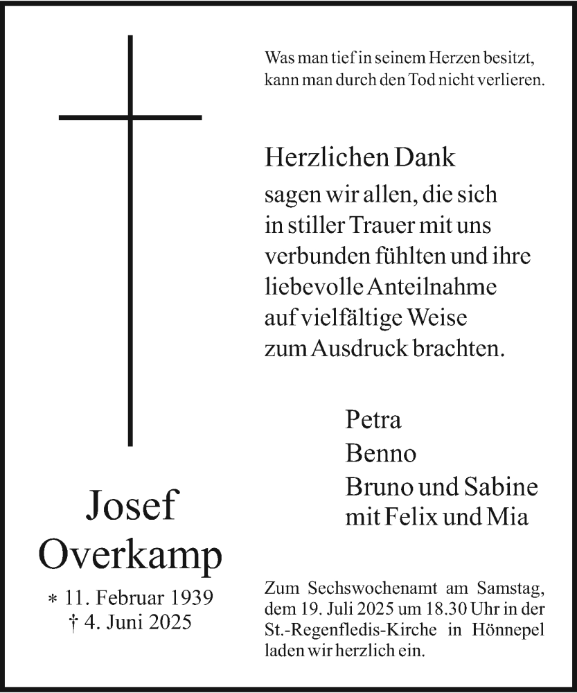  Traueranzeige für Josef Overkamp vom 12.07.2025 aus Rheinische Post