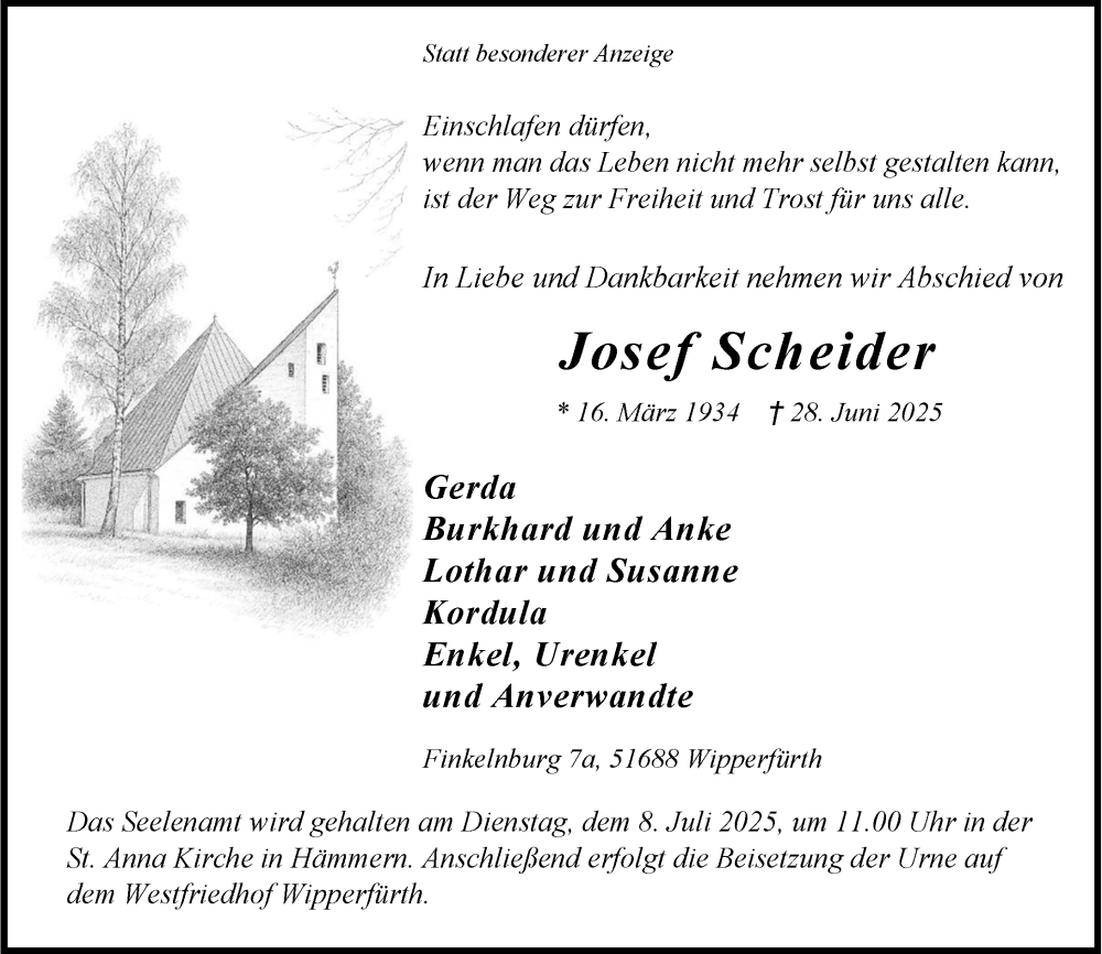  Traueranzeige für Josef Scheider vom 04.07.2025 aus Rheinische Post
