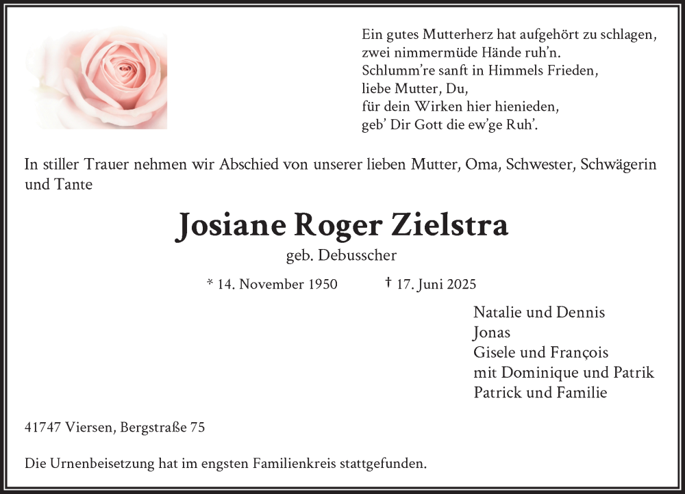  Traueranzeige für Josiane Roger Zielstra vom 26.07.2025 aus Rheinische Post