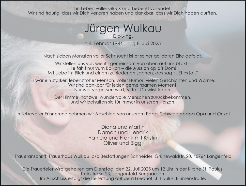  Traueranzeige für Jürgen Wulkau vom 12.07.2025 aus Rheinische Post
