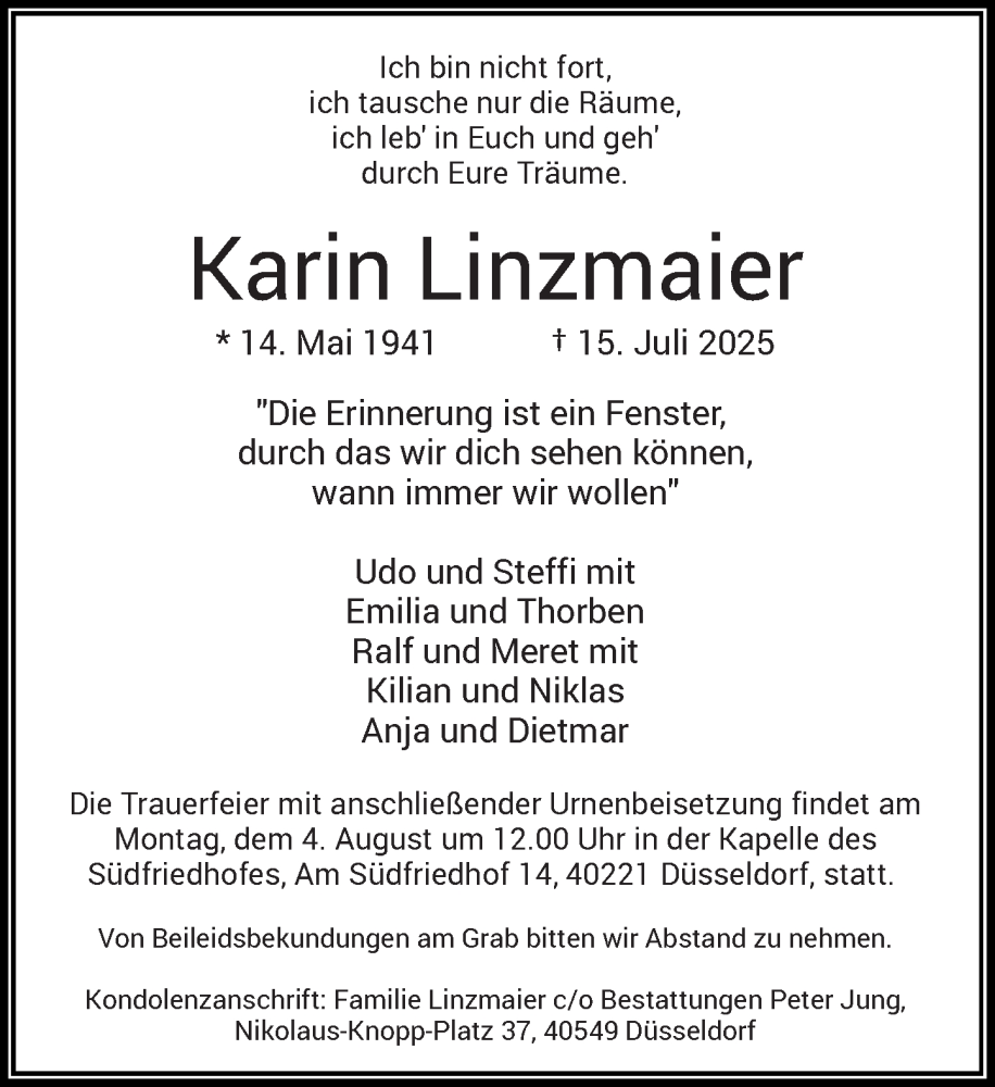  Traueranzeige für Karin Linzmaier vom 26.07.2025 aus Rheinische Post