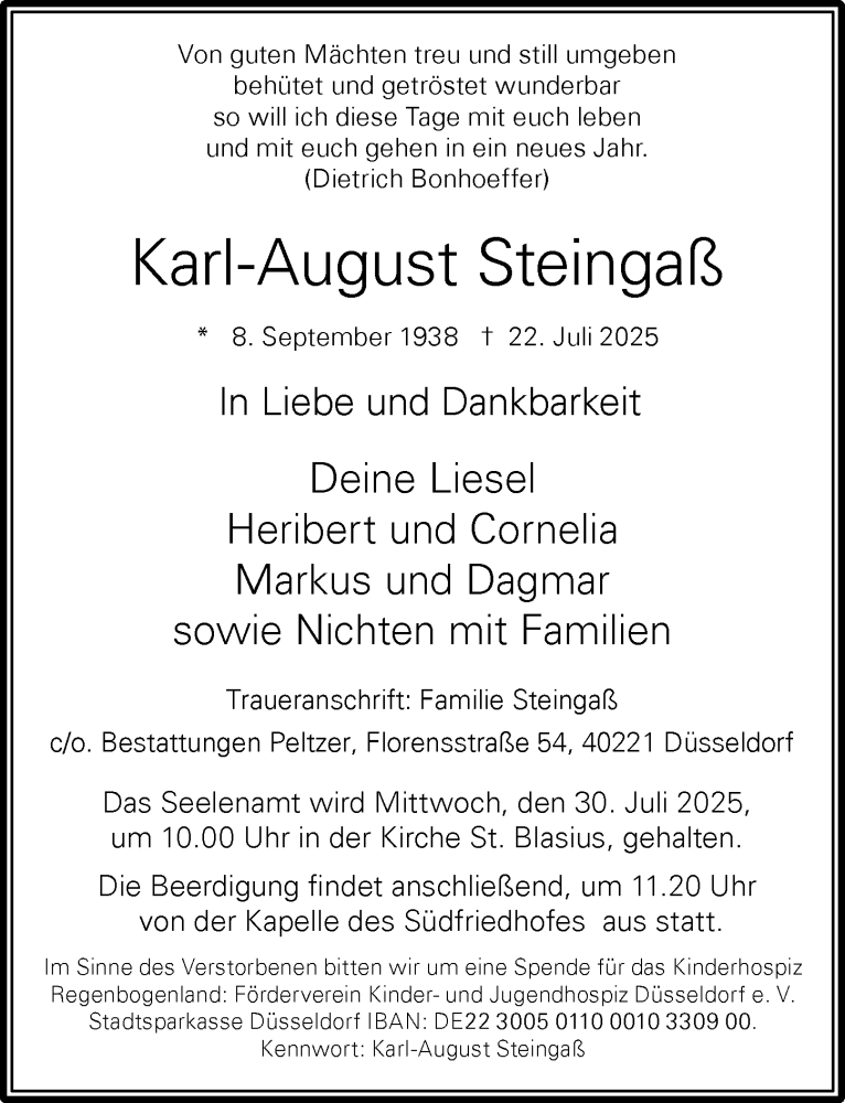  Traueranzeige für Karl-August Steingaß vom 26.07.2025 aus Rheinische Post