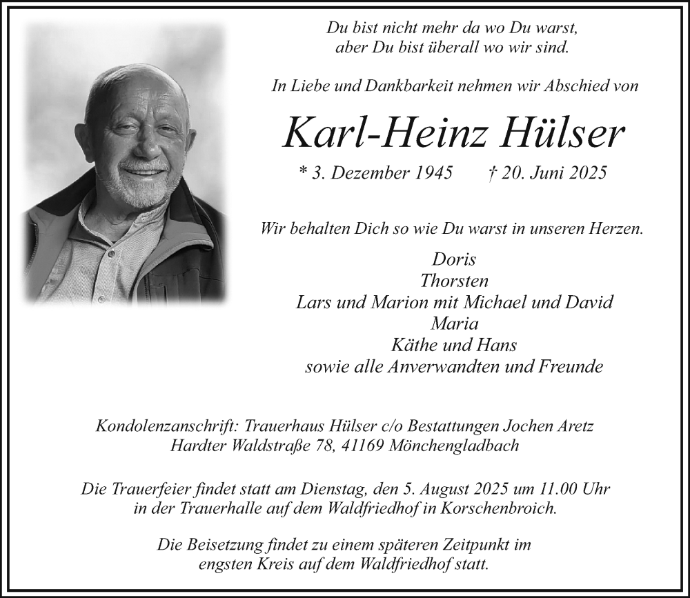  Traueranzeige für Karl-Heinz Hülser vom 05.07.2025 aus Rheinische Post