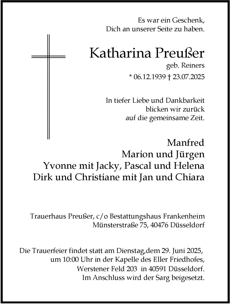  Traueranzeige für Katharina Preuß vom 26.07.2025 aus Rheinische Post