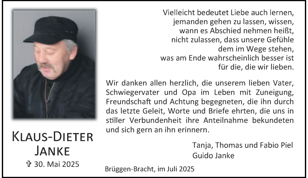  Traueranzeige für Klaus-Dieter Janke vom 26.07.2025 aus Rheinische Post