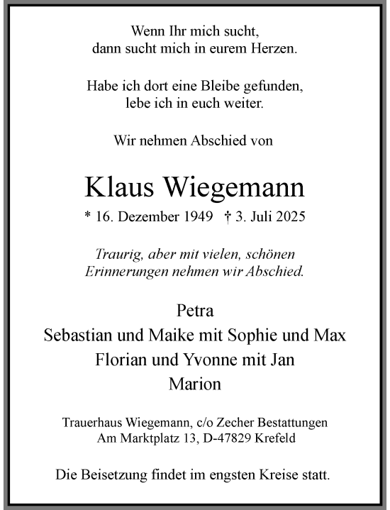 Traueranzeige von Klaus Wiegemann von Rheinische Post