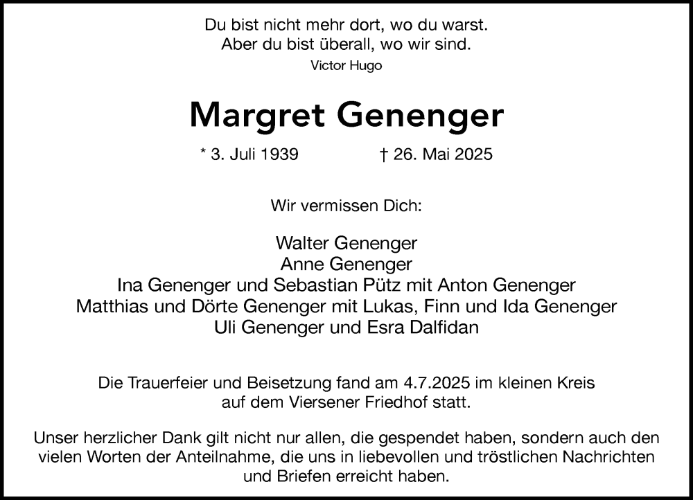  Traueranzeige für Margret Genenger vom 12.07.2025 aus Rheinische Post