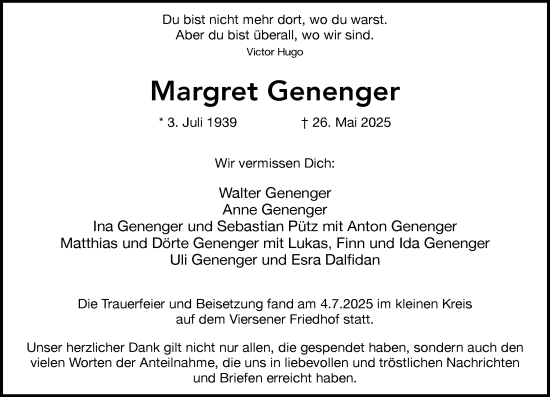 Traueranzeige von Margret Genenger von Rheinische Post