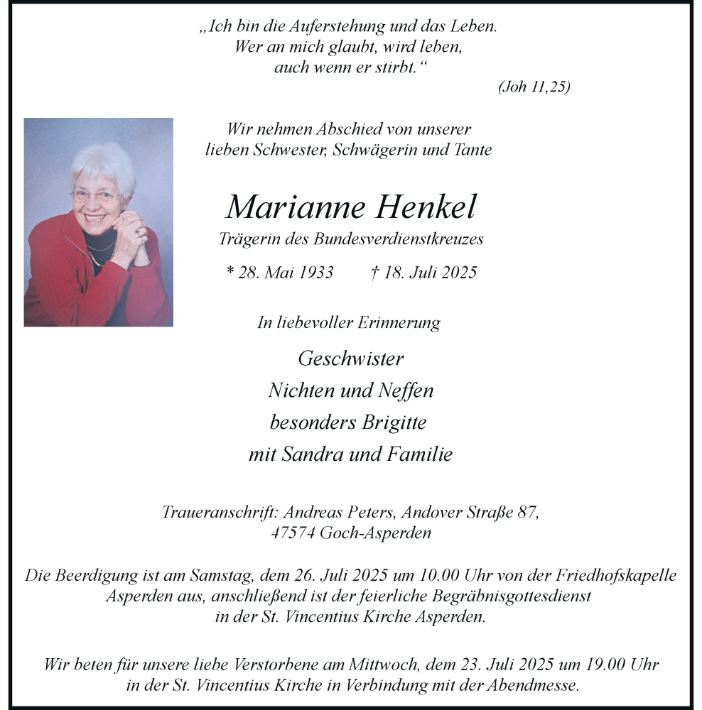  Traueranzeige für Marianne Henkel vom 24.07.2025 aus Rheinische Post