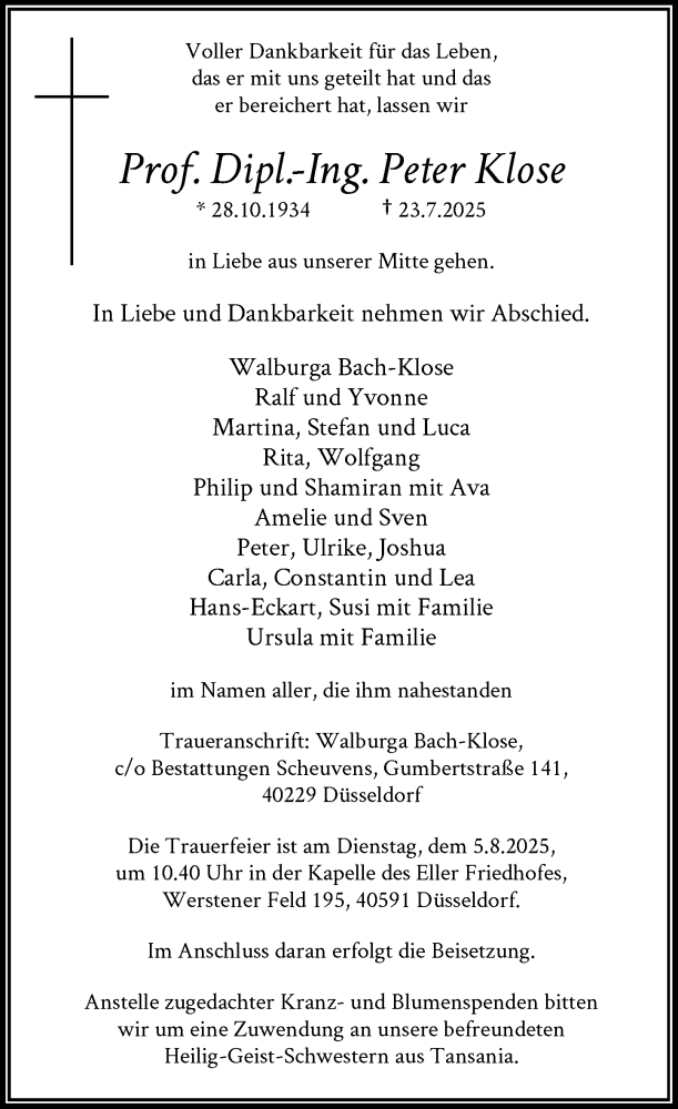  Traueranzeige für Peter Klose vom 26.07.2025 aus Rheinische Post