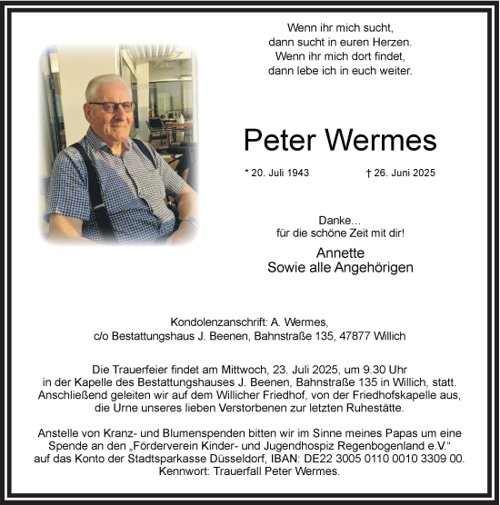 Traueranzeige von Peter Wermes von Rheinische Post