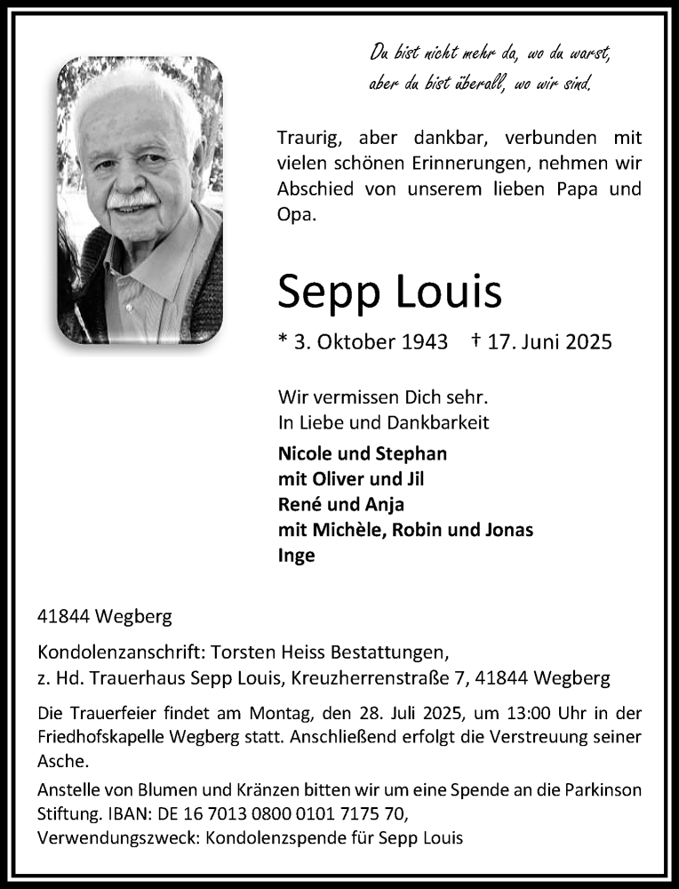  Traueranzeige für Sepp Louis vom 05.07.2025 aus Rheinische Post