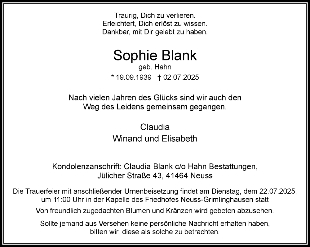  Traueranzeige für Sophie Blank vom 12.07.2025 aus Rheinische Post