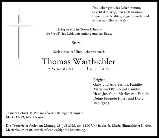 Traueranzeige von Thomas Wartbichler von Rheinische Post