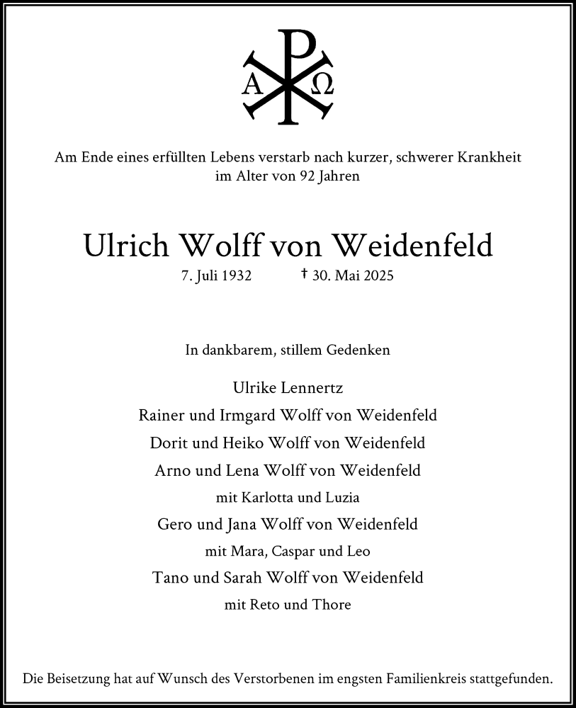  Traueranzeige für Ulrich Wolff von Weidenfeld vom 05.07.2025 aus Rheinische Post