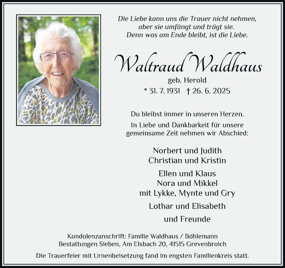  Traueranzeige für Waltraud Waldhaus vom 05.07.2025 aus Rheinische Post