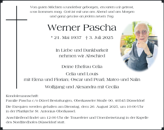 Traueranzeige von Werner Pascha von Rheinische Post