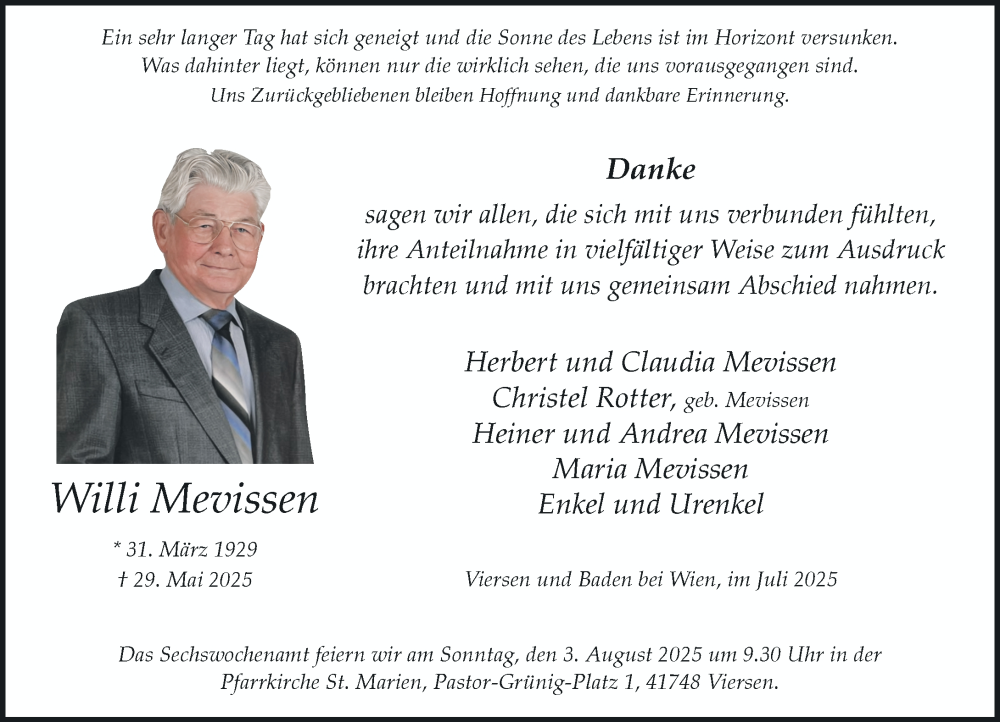  Traueranzeige für Willi Mevissen vom 19.07.2025 aus Rheinische Post