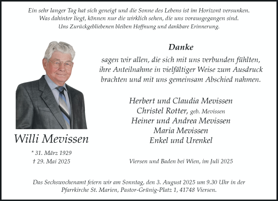 Traueranzeige von Willi Mevissen von Rheinische Post