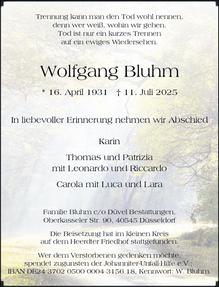  Traueranzeige für Wolfgang Bluhm vom 19.07.2025 aus Rheinische Post
