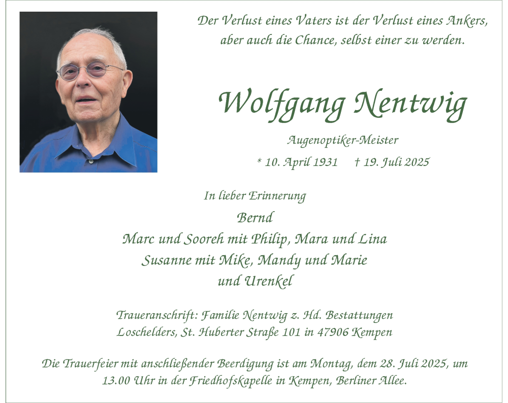  Traueranzeige für Wolfgang Nentwig vom 26.07.2025 aus Rheinische Post