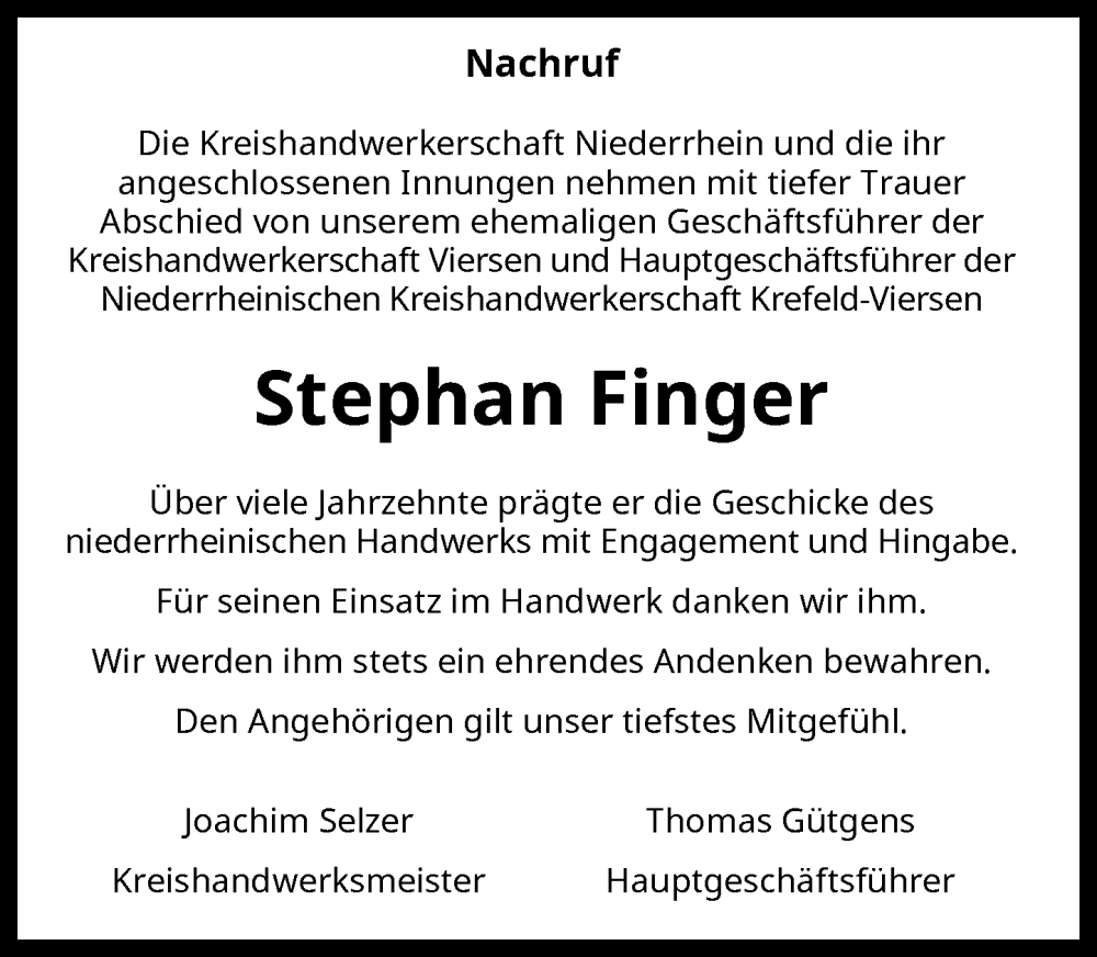  Traueranzeige für Stephan Finger vom 31.07.2025 aus Rheinische Post
