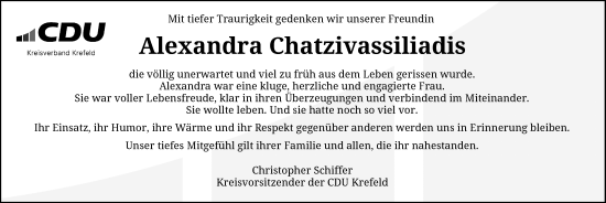 Traueranzeige von Alexandra Chatzivassiliadis von Rheinische Post