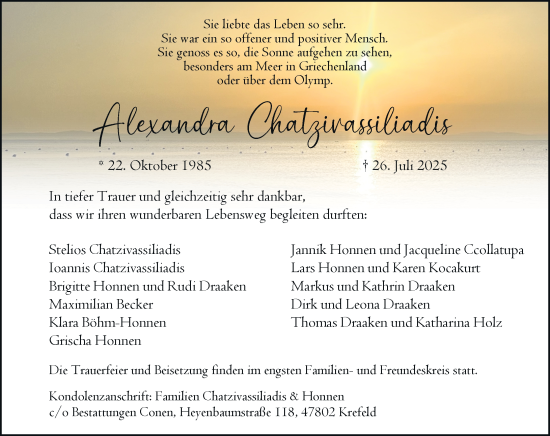 Traueranzeige von Alexandra Chatzivassiliadis von Rheinische Post