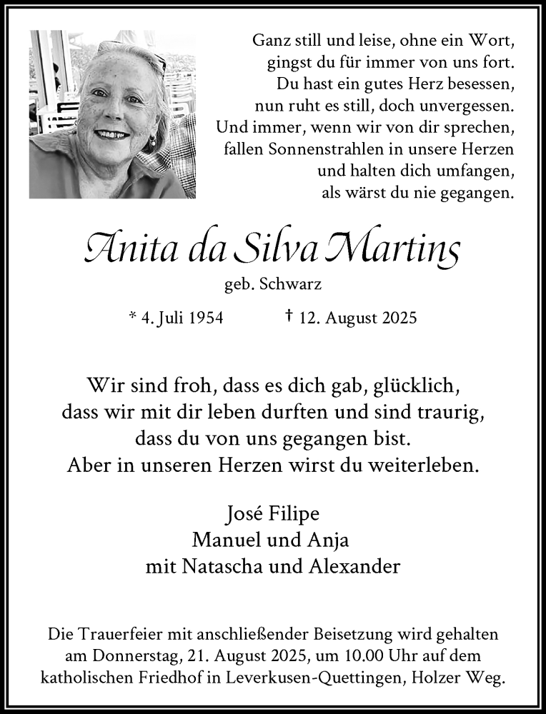  Traueranzeige für Anita da Silva Martins vom 16.08.2025 aus Rheinische Post