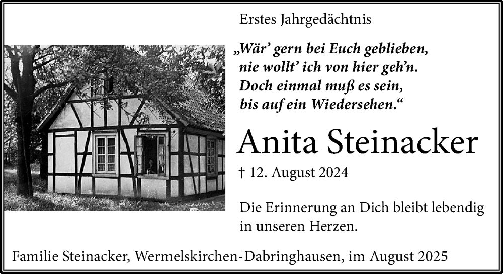 Traueranzeige für Anita Steinacker vom 16.08.2025 aus Rheinische Post