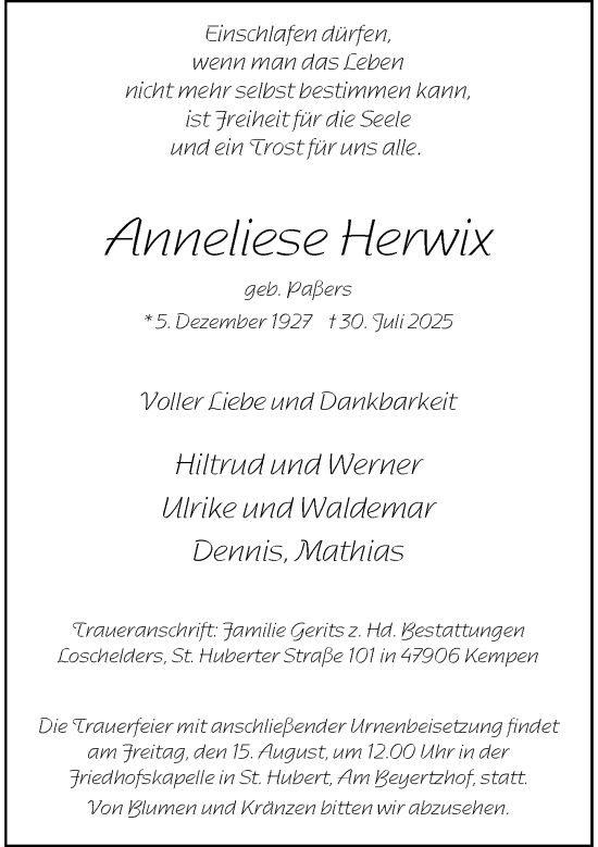 Traueranzeige von Anneliese Herwix von Rheinische Post