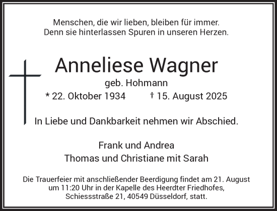 Traueranzeige von Anneliese Wagner von Rheinische Post