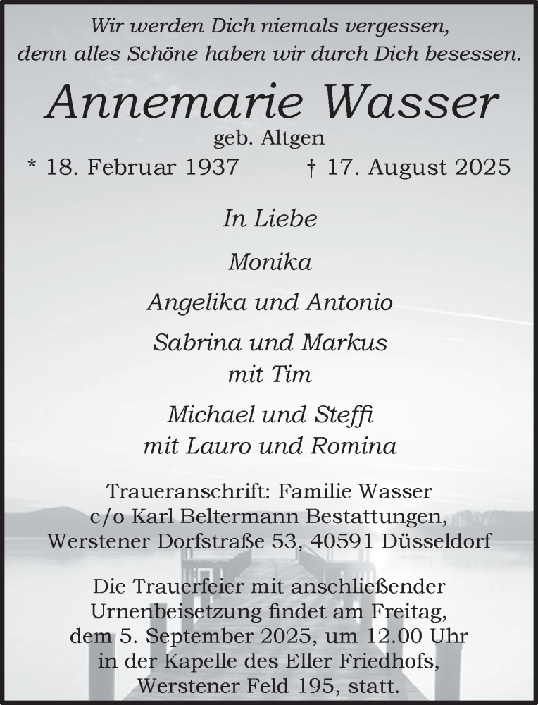  Traueranzeige für Annemarie Wasser vom 30.08.2025 aus Rheinische Post