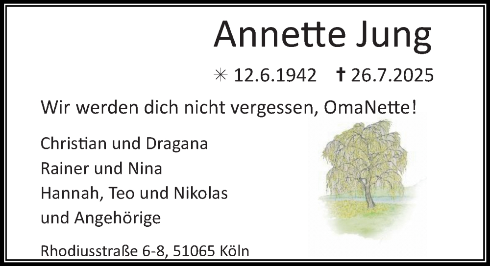  Traueranzeige für Annette Jung vom 16.08.2025 aus Rheinische Post