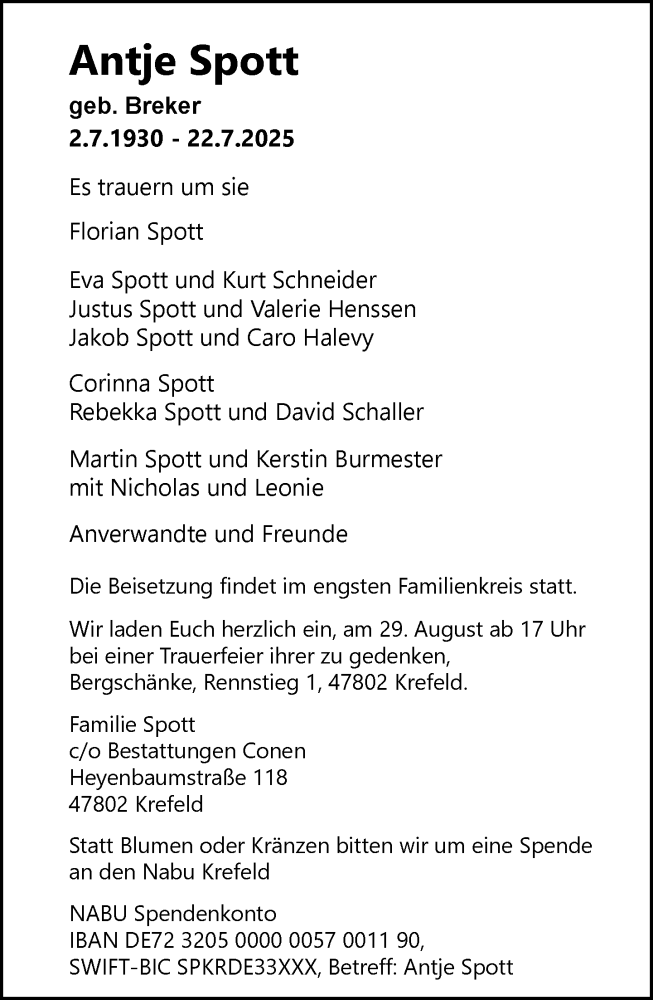  Traueranzeige für Antje Spott vom 09.08.2025 aus Rheinische Post