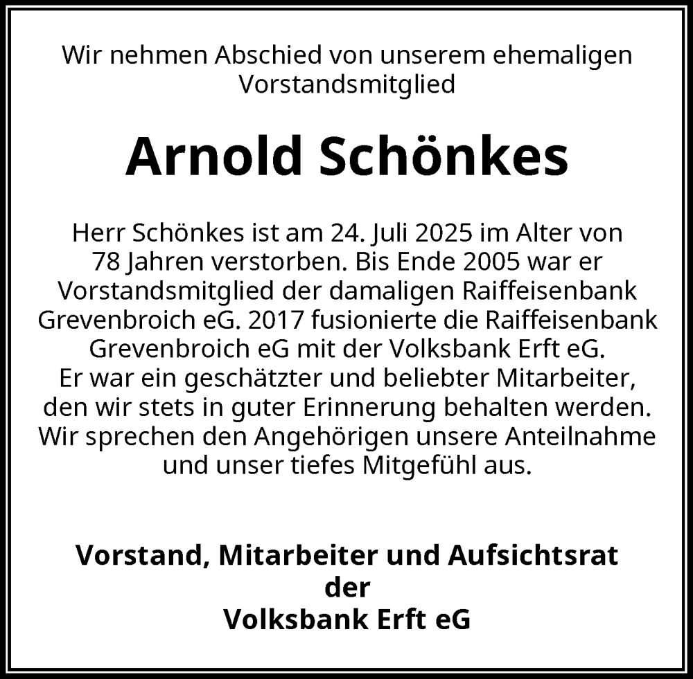  Traueranzeige für Arnold Schönkes vom 09.08.2025 aus Rheinische Post
