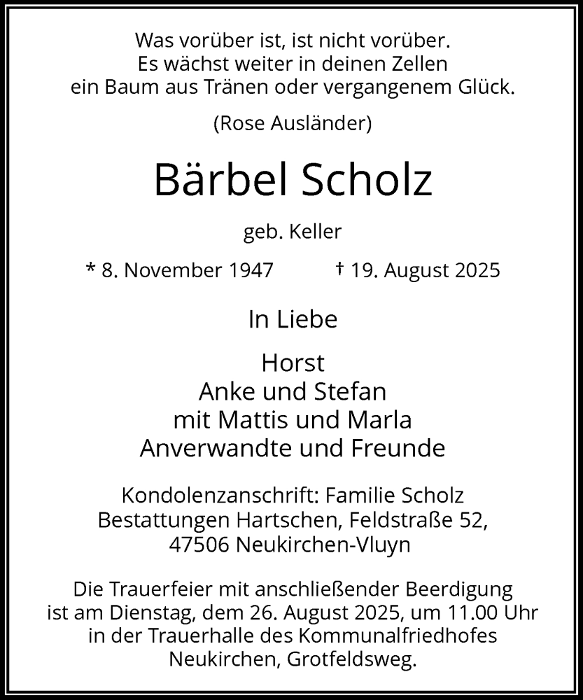  Traueranzeige für Bärbel Scholz vom 23.08.2025 aus Rheinische Post