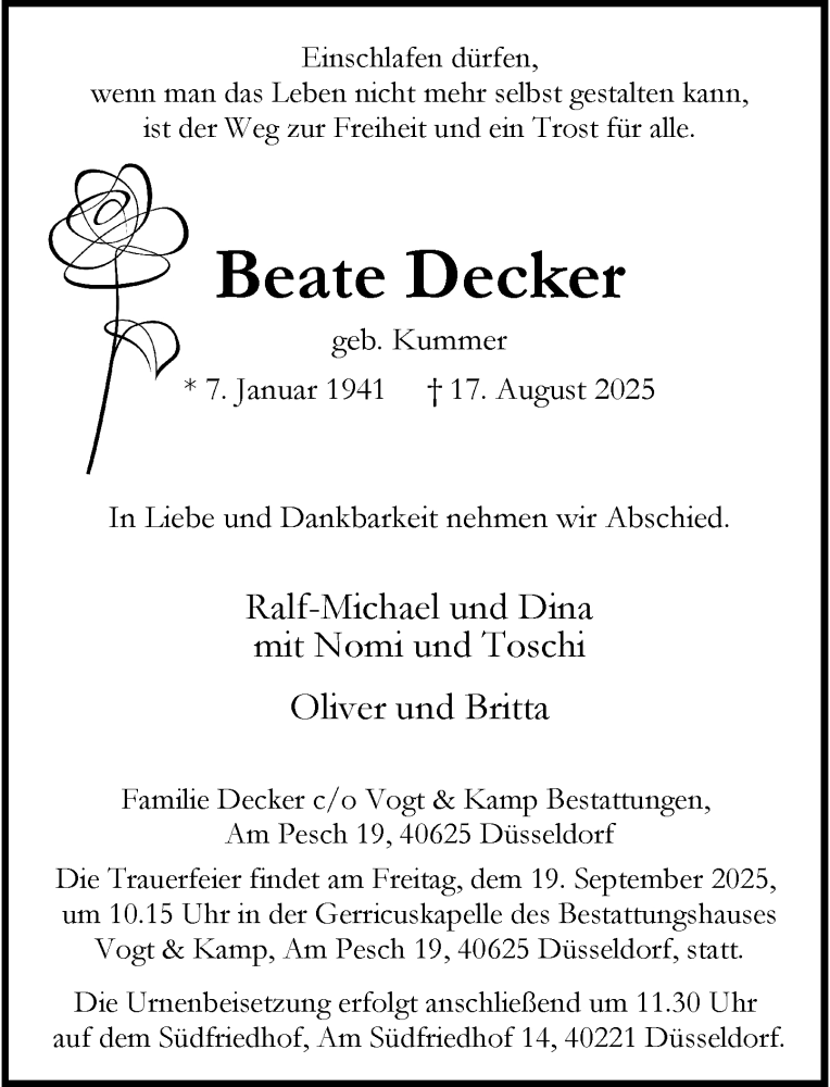  Traueranzeige für Beate Decker vom 30.08.2025 aus Rheinische Post