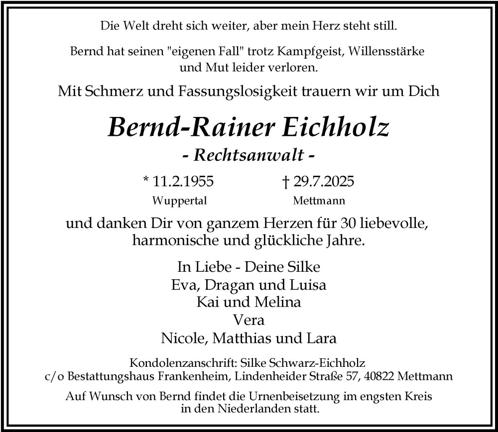  Traueranzeige für Bernd-Rainer Eichholz vom 02.08.2025 aus Rheinische Post