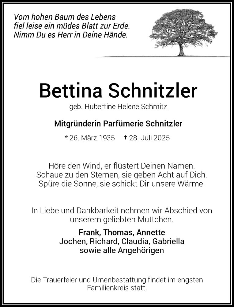  Traueranzeige für Bettina Schnitzler vom 02.08.2025 aus Rheinische Post